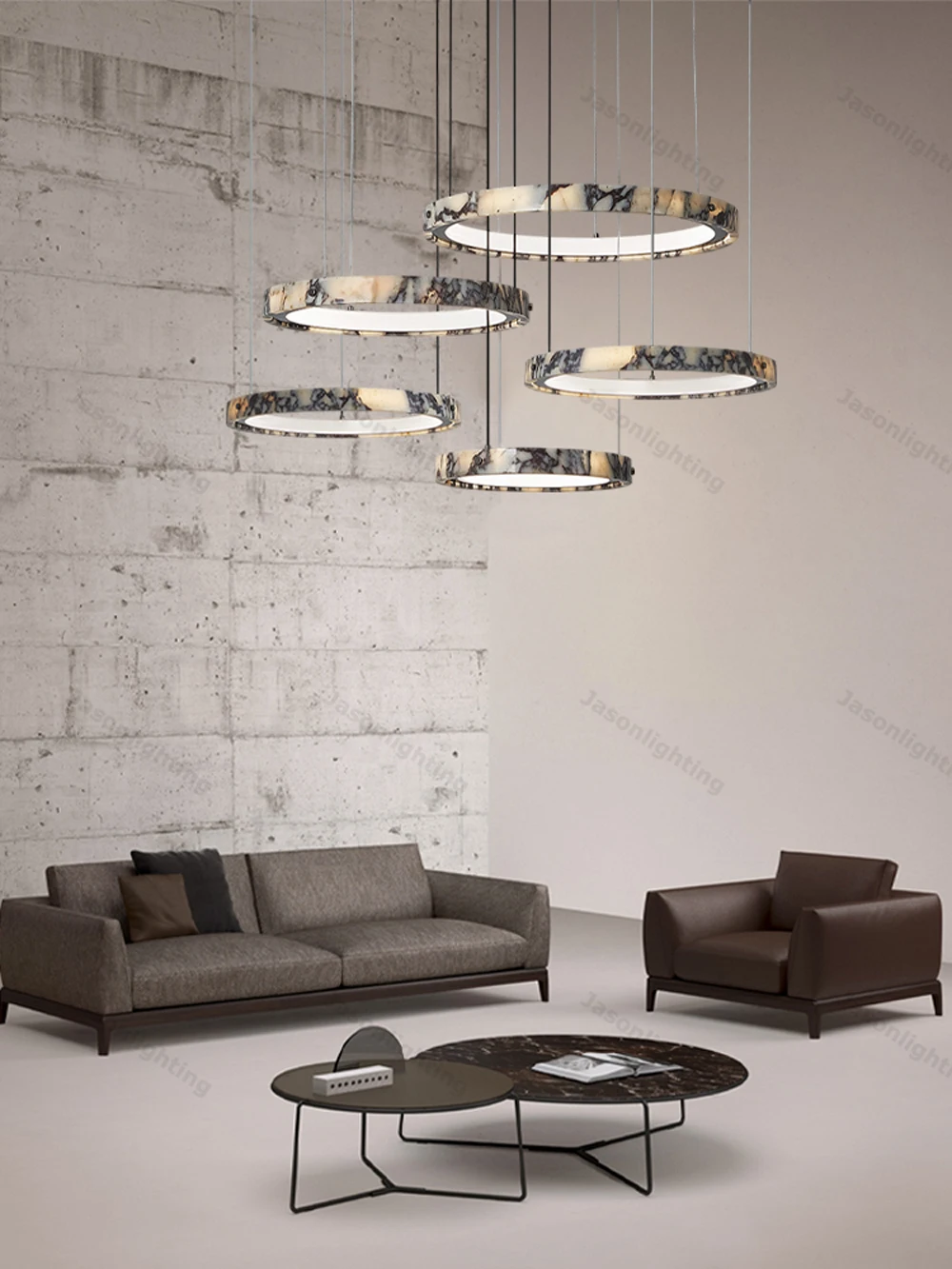 5-Ring Natural Marble Gold Chrome Dimmable LED Chandelier