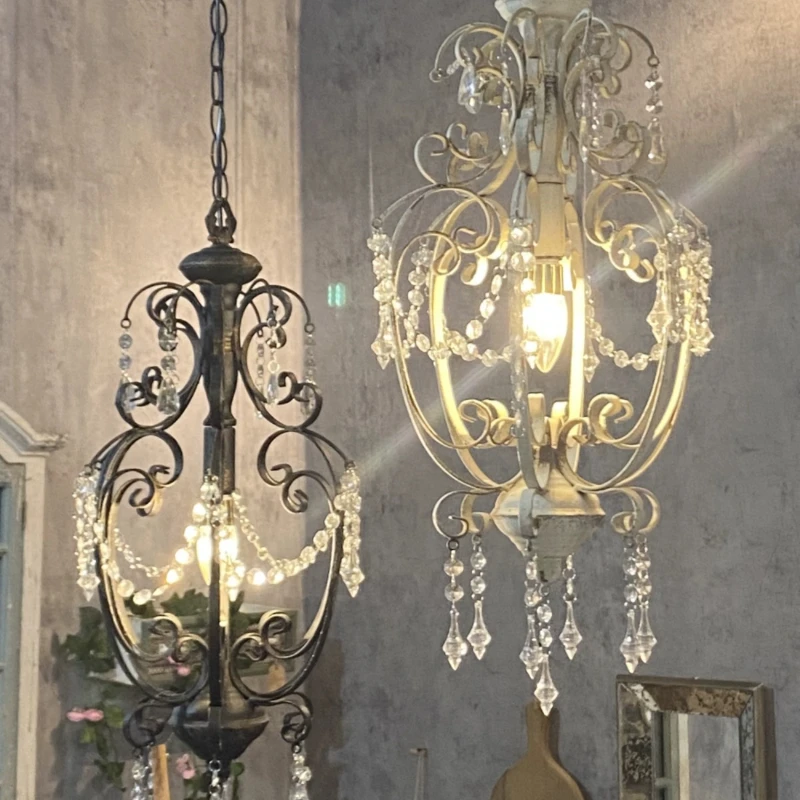 

Retro crystal pendant wrought iron chandelier home living room entrance courtyard bar single lamp holder chandelier decoration