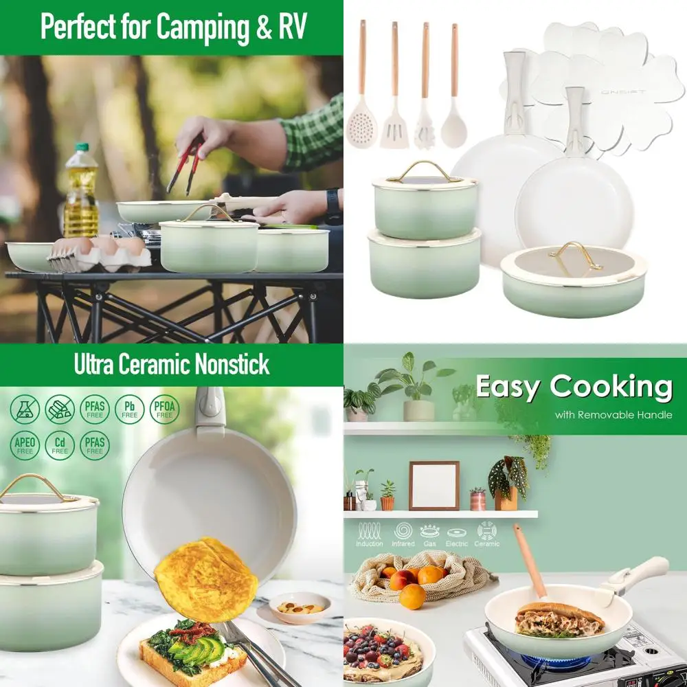 

Набор посуды с антипригарным покрытием и съемными ручками, 20 предметов, зеленый, безопасный, подходит для мытья в посудомоечной машине и использования в духовке, идеально подходит для использования в кухне автодома.