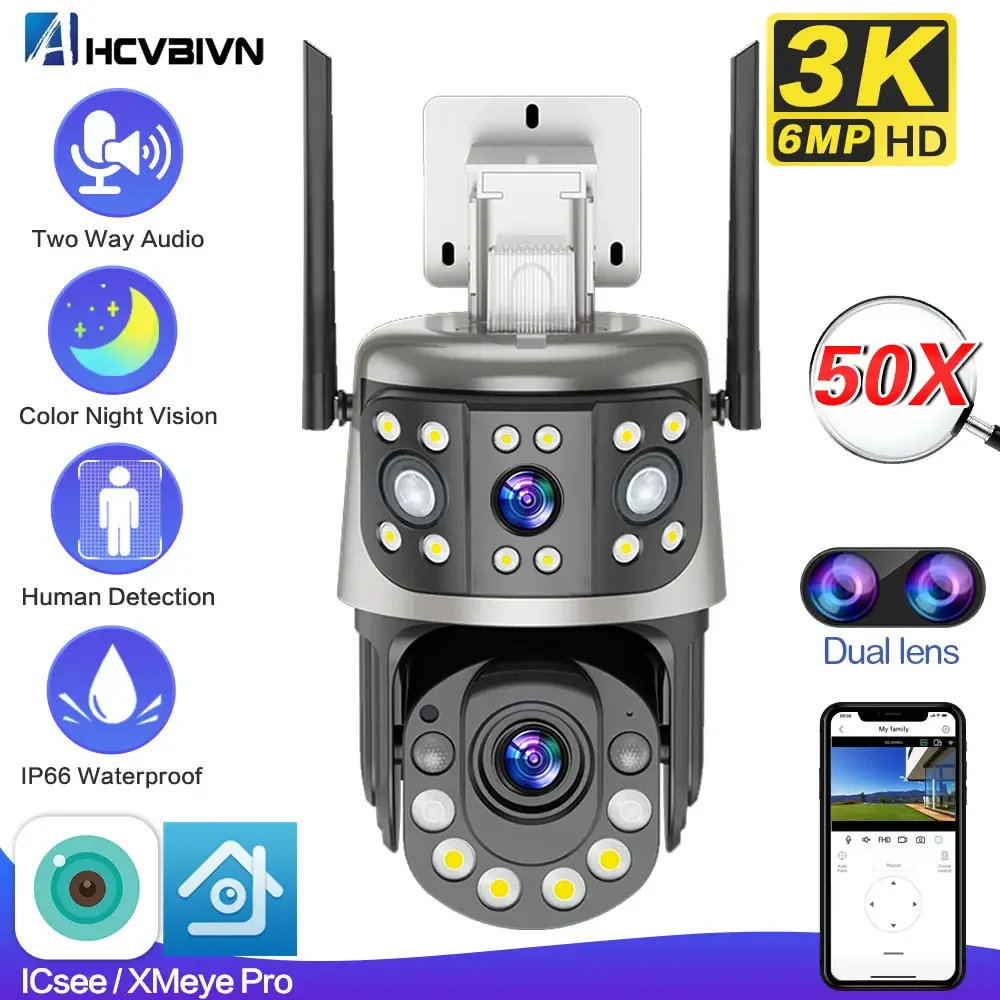 WiFi 50X Zoom 6MP PTZ Camera Outdoor Dual Lens Dual Screen Featuring Human Detection 30X Wireless CCTV Security Surveillance