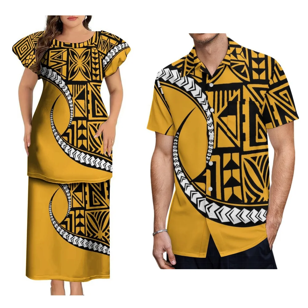 플로럴 프린트 폴리네시안 아일랜드 커스텀 커플 세트, 패셔너블하고 우아한 여성 풀레타시 투피스 남성 비치 휴가 셔츠