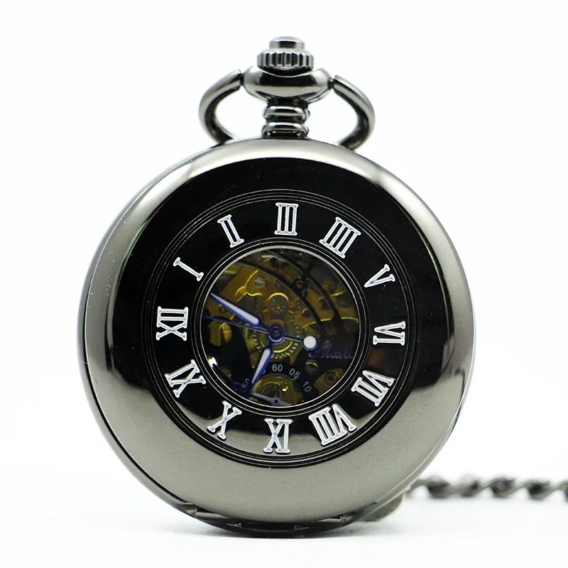 Classic Antique Vintage Men Steel Skeleton Roman Number Mechanical Pocket Watch Hand Wind Watches Fob Chain Clock for Collection