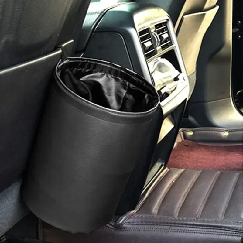 GEFENSI Car Trash Can PU Leather Material Waterproof Foldable Storage Bin Car Mounted Suspended Trash Can Automobile Internal Ac