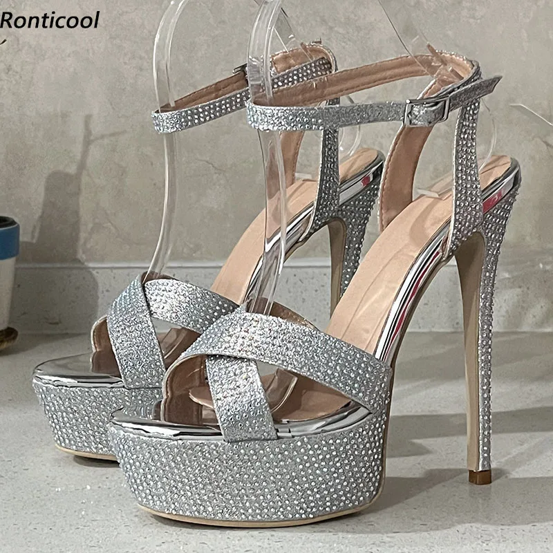 

Ronticool/женские летние сандалии с ремешком на щиколотке, пикантные туфли на шпильке со стразами, с открытым носком, золотистые, серебряные клубные туфли, женские размеры США 5-20