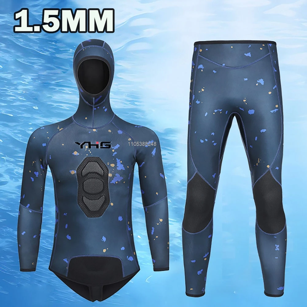 NEW 1.5MM Camouflage Wetsuit Long Sleeve Fission Neoprene Submersible For Men Keep Warm Top and Pants Hooded Diving Suit