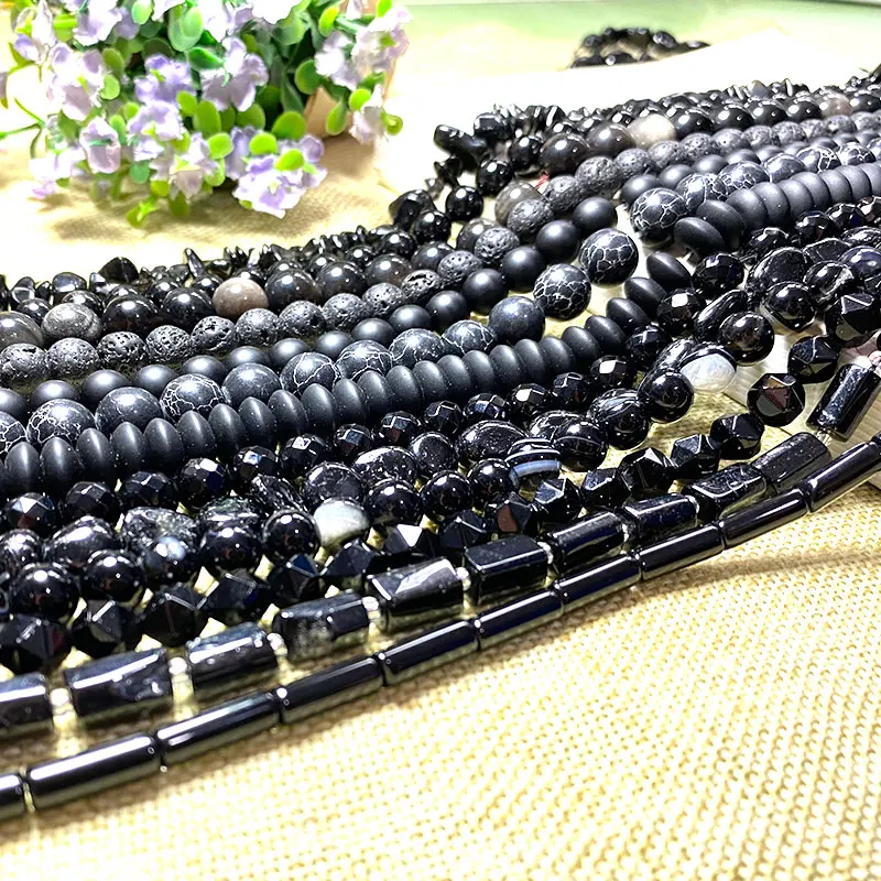 Wholesale Black Stone Rondelle Agates Square Onyx Irregular Tourmaline Round Beads for Jewelry Making Diy Bracelet Accessories