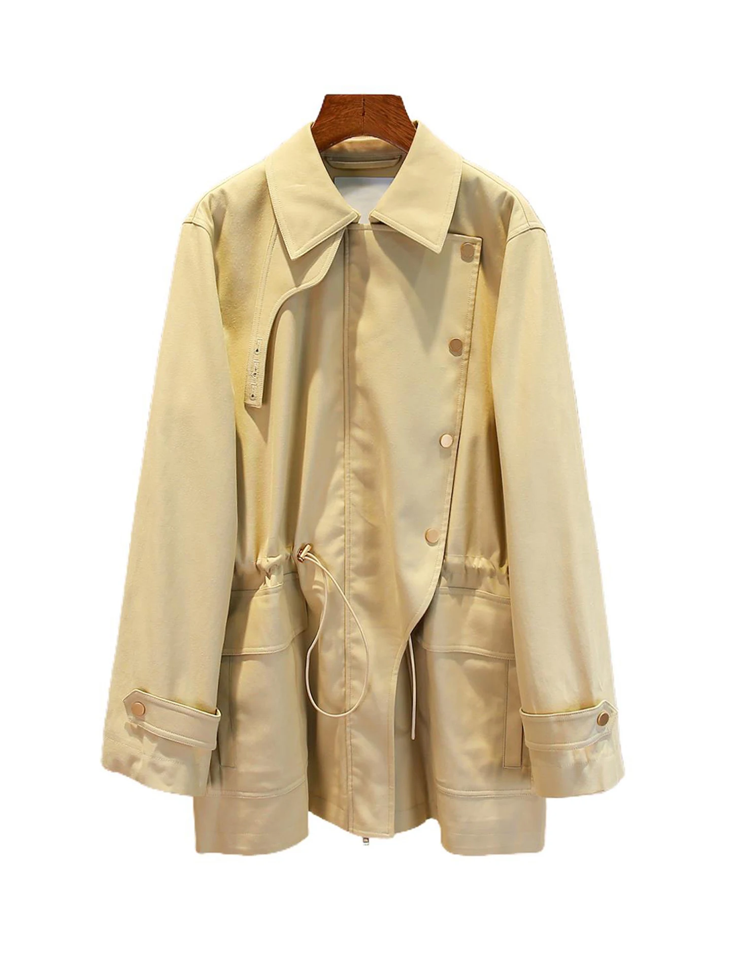 High-End Women's Autumn Coat Barn Sle Dstring Waist Workwear Jaet Simple Loose Fit Long Sve ort Length Single Button