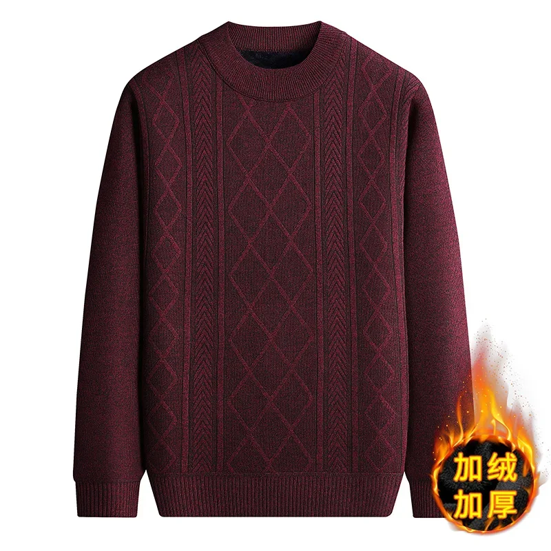 Men Crew Neck Fleece Lined Sweater Vertical Diamond Jacquard Knit Thick Thermal Long Sleeve Pullover Autumn Winter Warm Top