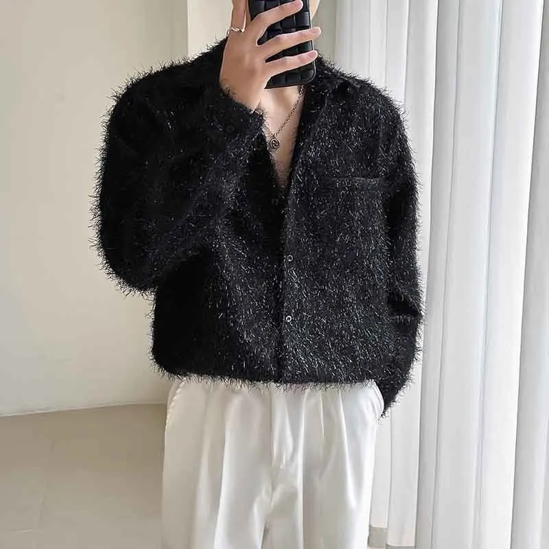 IEFB Trend Men\'s Faux Fur Shirts Fashion Long Sleeve Woolen Cardigan Loose Niche Design Korean Style Autumn Winter Tops 9C2928