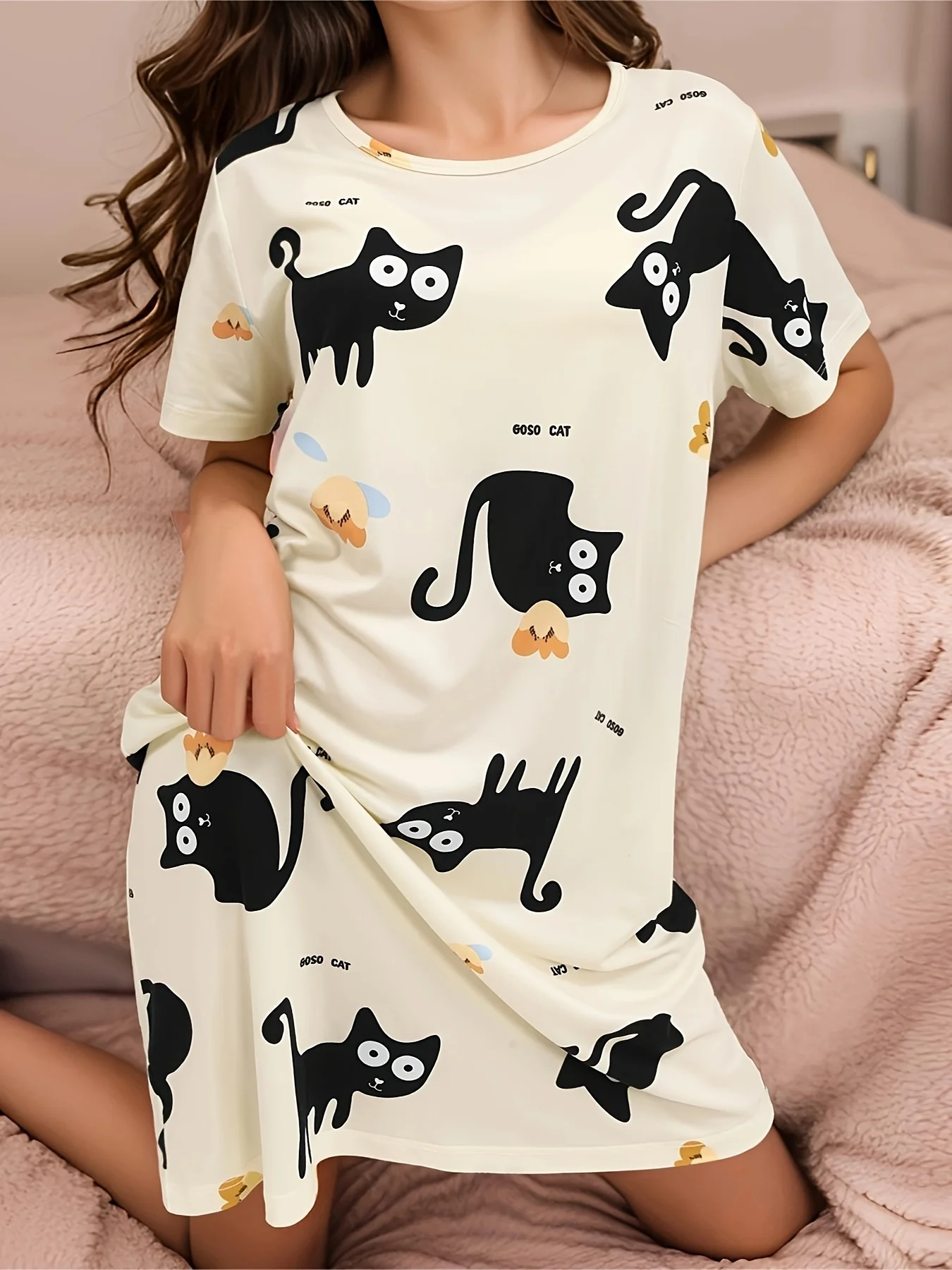 Cute Ladies Summer Loose Nightgown Girl\'s Plus Size Dresses Outdoor Casual Knee Length Dresses Women\'s Homewear O Neck Nightgown