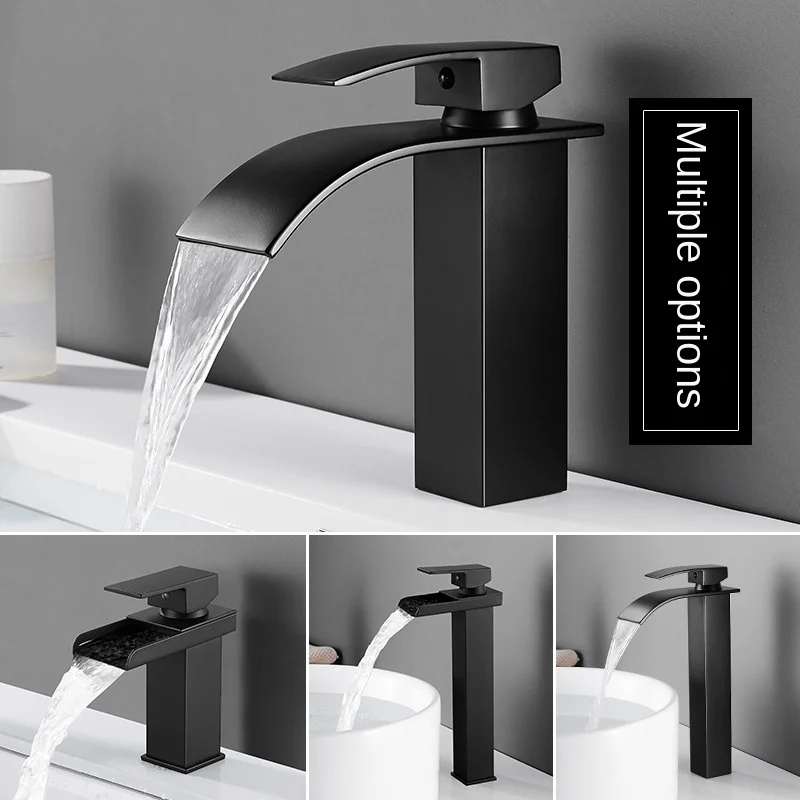 

Black Bathroom Stainless Steel Waterfall Faucet Bathroom Vanity Single Handle Hot and Cold Water Sink Luxury Faucet Deck Mount