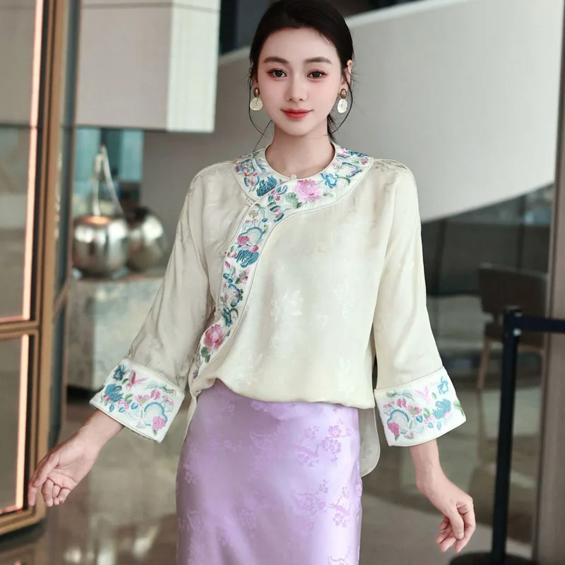 High-end Spring Women Top Retro Embroidery Elegant Lady Loose Coat Traditional Chinese Garments S-XXL