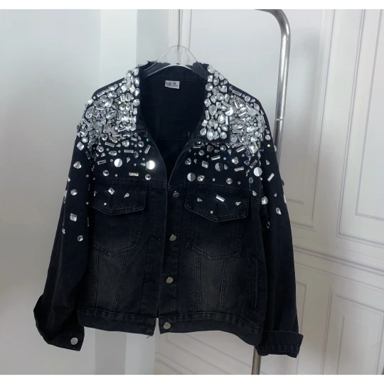 Mode Damen Herbst neue trend ige funkelnde Diamant Perlen Pailletten schwarze Jeans jacke Damen High Street Diamond Denim Top