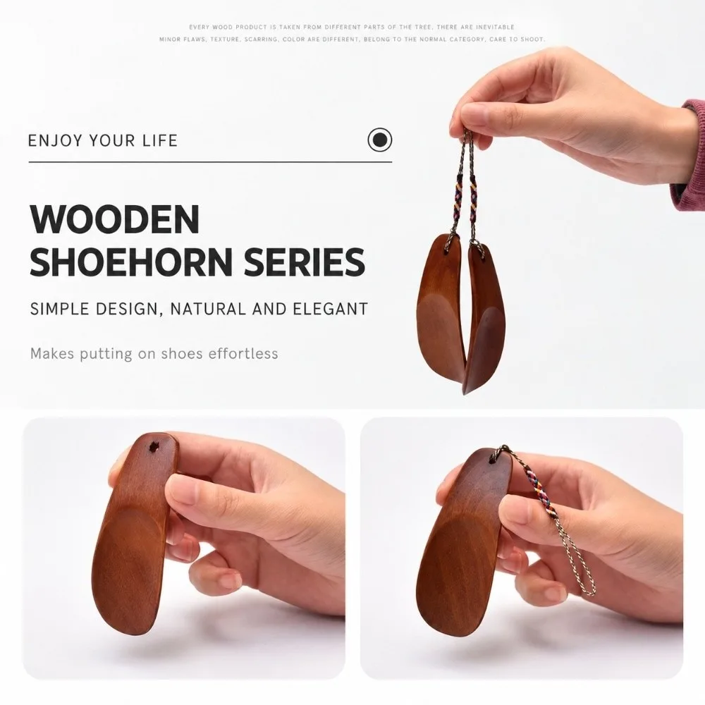 New Mini Wood Shoe Horn Solid Wood Curved Shape Shoe Lifter Braided Lanyard Polished Surface Shoe Helper Outdoor Trip