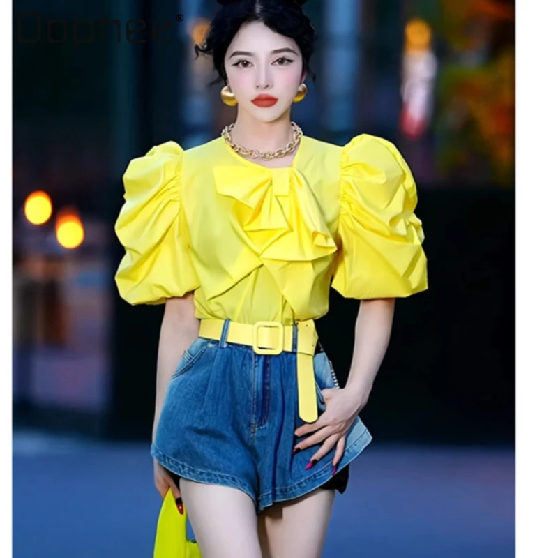 

Elegant Women's Yellow Short Puff Sleeve Ruffled Shirt 2024 Summer New French Sweet O Neck Pleated Tops Slimming Bowknot Shirts