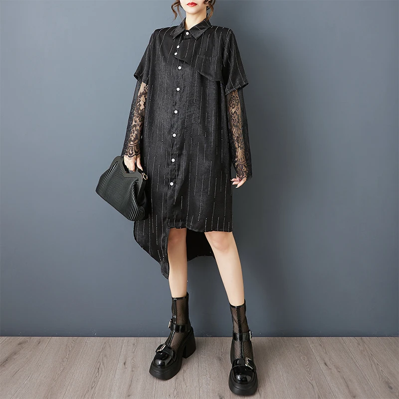 Loose Lace Insert Asymmetrical irt Dr Striped Patchwork Faion Design Summer Women's plus Size Dr  Collar Long S...