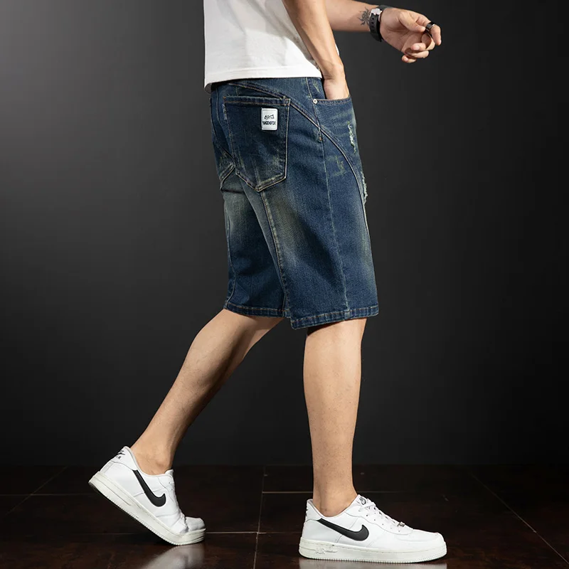 

Summer Thin Five-Part Jeans orts Men's Loose plus Size Elastic Fat Pants Cotton Denim mid Waist Zipper Fly Casual S...