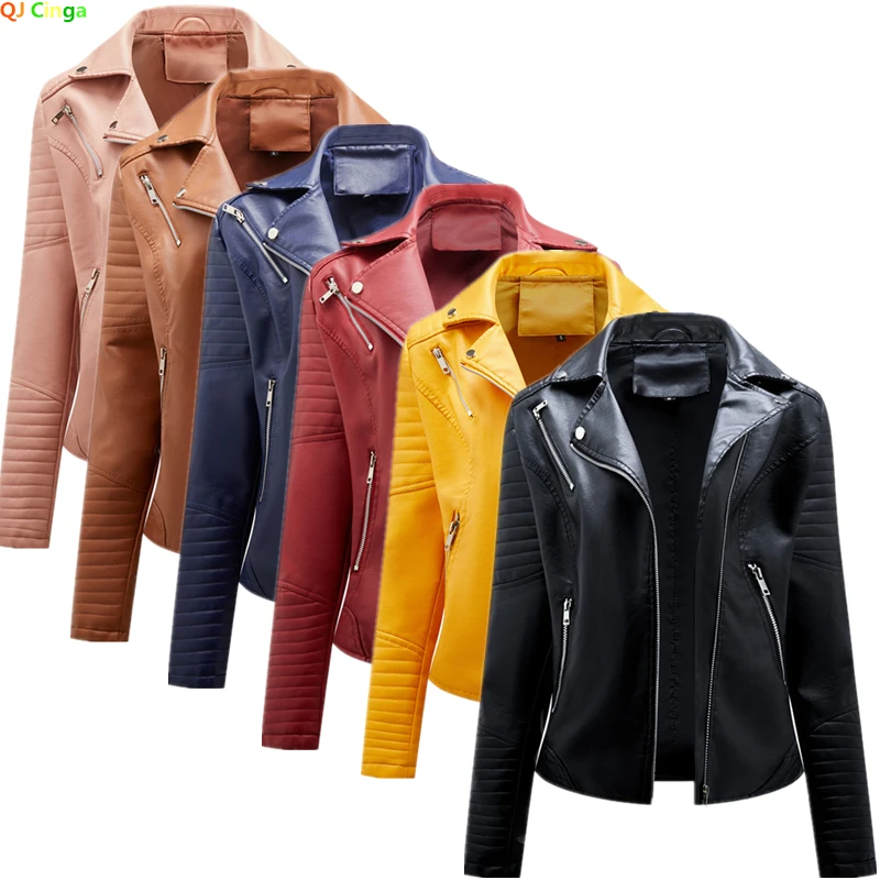 Chaqueta de piel sintética con solapa negra para mujer, abrigo informal de Pu con cremallera para primavera y otoño, prendas de vestir exteriores para motorista, ropa para mujer S-L XL XXL XXXL