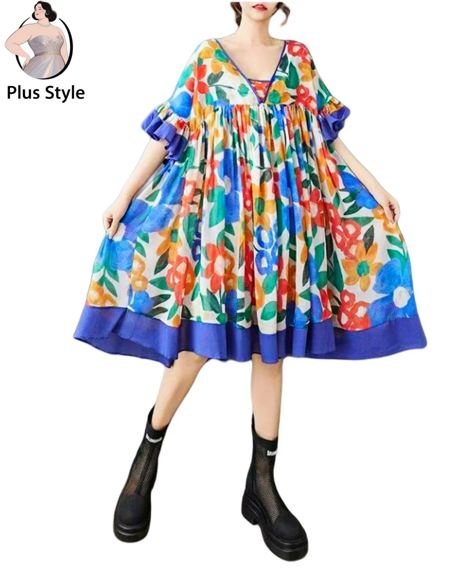 

2025 Brand Oversize Plus Size 110kg Irregular Color Block Summer Dress Loose Fit Chiffon Sleeveless European Style Women Dress