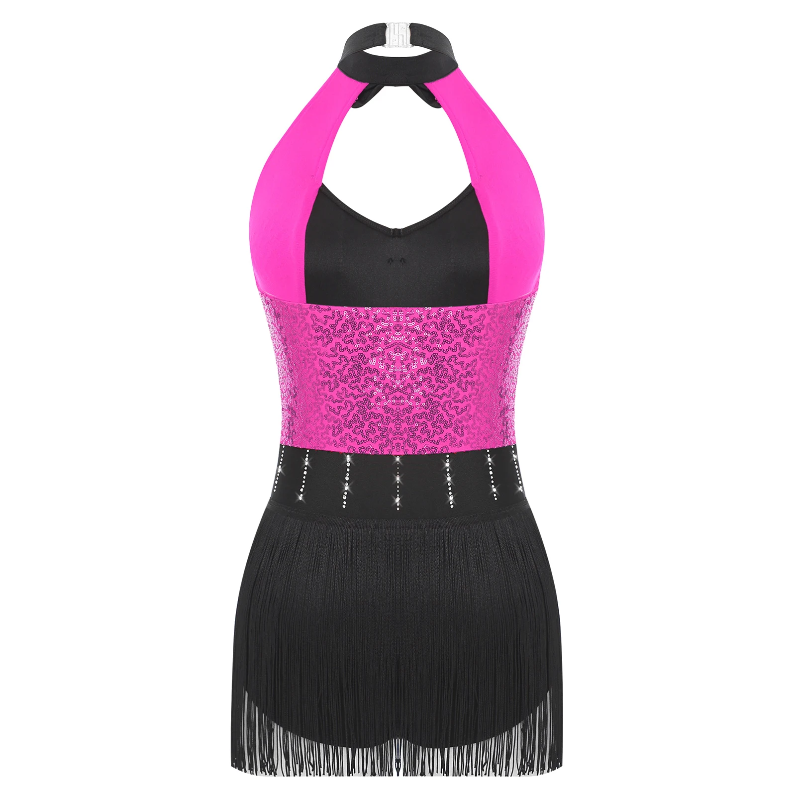 Womens Sequins Tassel Fringe Bodysuit Latin Jazz Dance Leotard Backless Halter Bow Tie Jumpsuit Cha-cha Samba Rumba Dance Wear