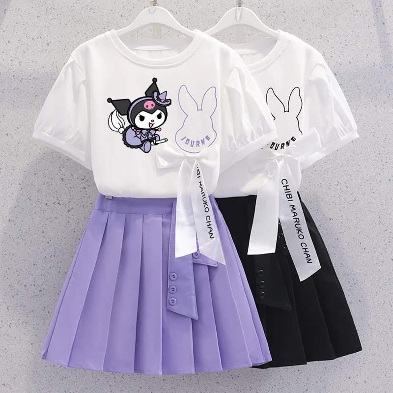 

New Sanrio Kuromi My Melody Children T-Shirt Skirt Suit Cute Cartoon Printing Cotton Top Pleated Skirt Set Baby Princess Skirt