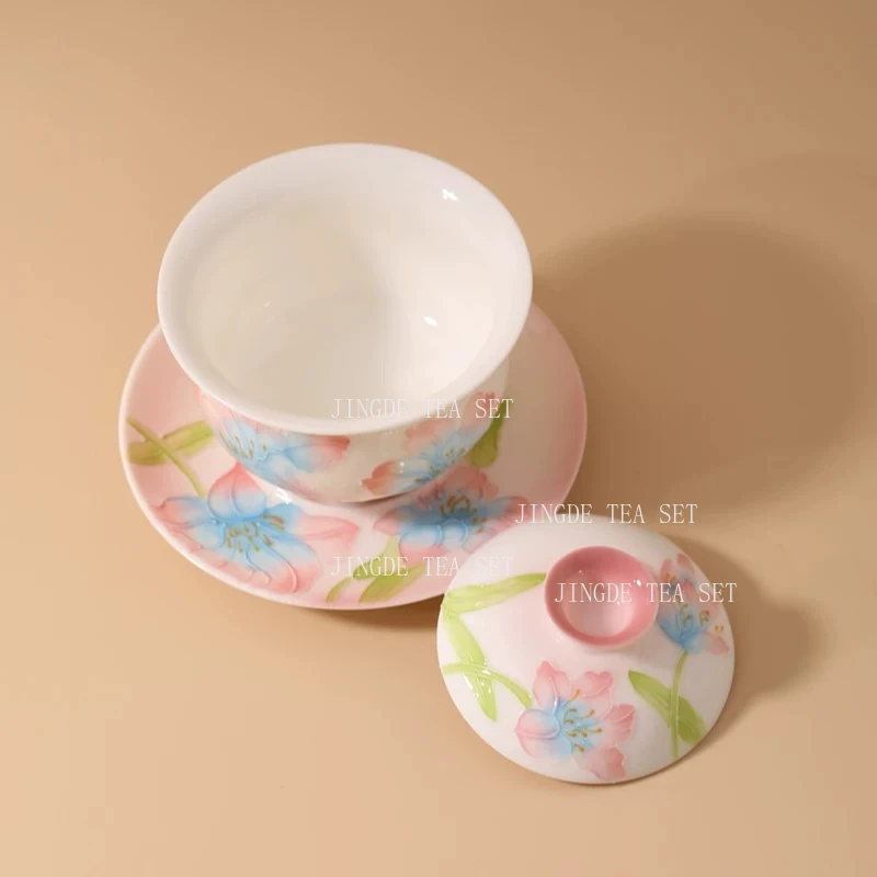 Ceramic Relief Bowl Cover Jingdezhen Hand-painted Tea Bowl Chinese Non Hot Tea Cup Household Kung Fu Teaset High End Tea Cup