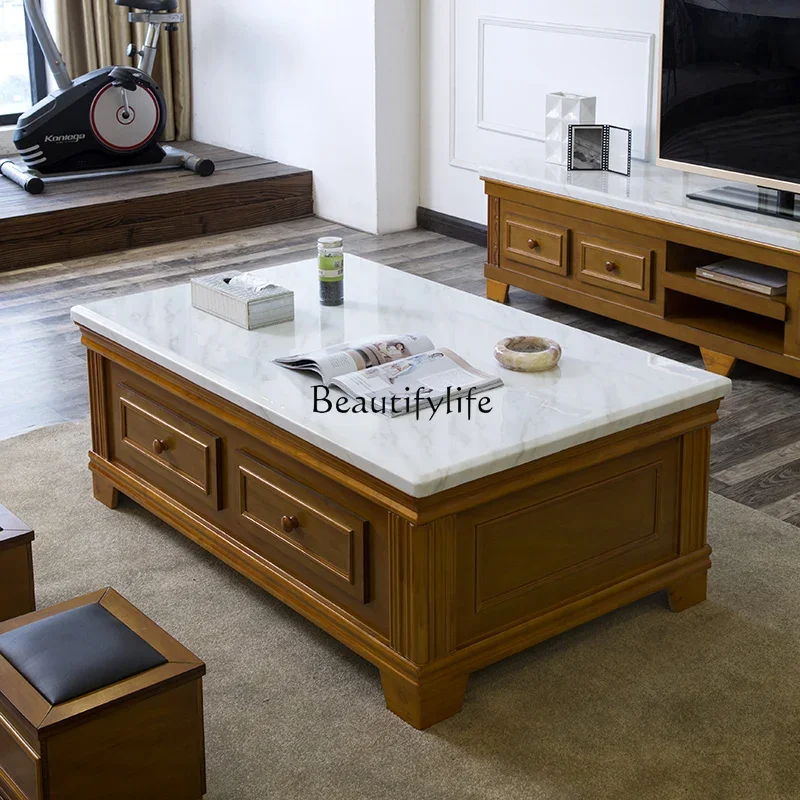 

01Large and small apartment marble surface coffee table living room household simple solid wood tea table
