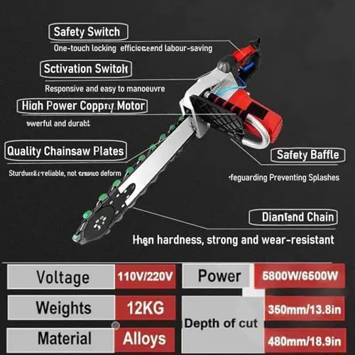 Handheld Electric Concrete Chain Saw 350W Diamond Wall Cutter Water Fed System for Dust Free Granite Reinforced Concrete Cutting