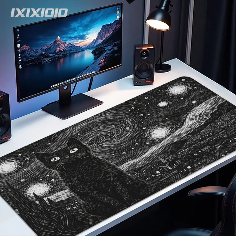 Starry Night Black Cat Mouse Pad Gaming printon demand Computer Large Mousepad XXL Mechanical Keyboard Pad Non-Slip Mouse Mats