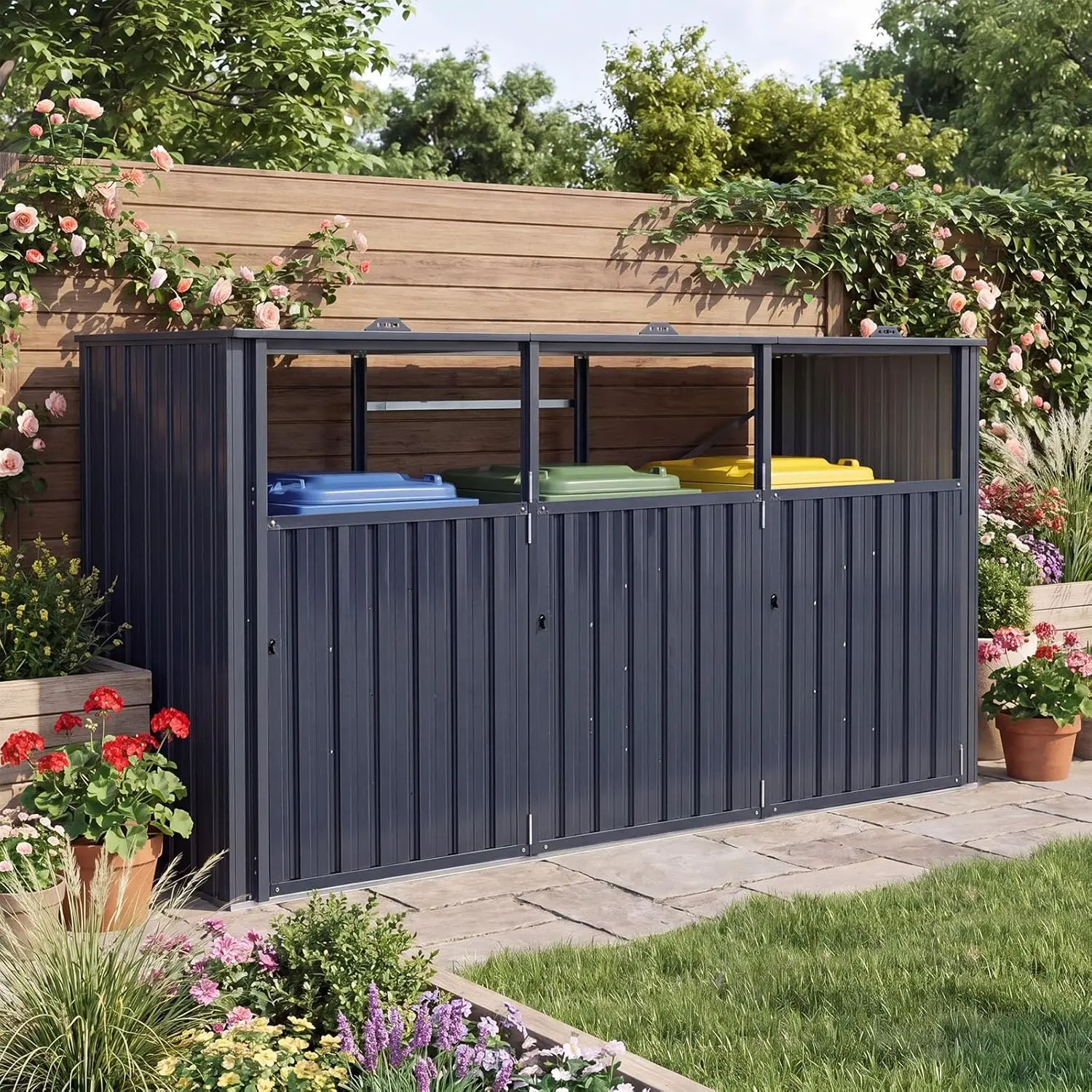 #7.8x2.6ft 3-Bin Metal Trash Shed Flip Lids Lock Door Galvanized Outdoor Garbage Storage Garden Patio Yard, Customized
