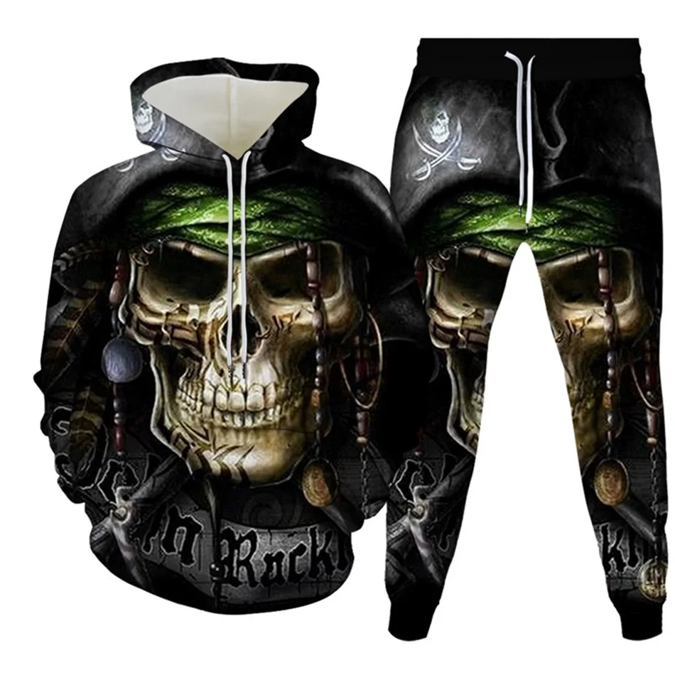 New Men\'s Tracksuit Sets Goth Punk Skull Fire 3D Printing Hoodies Pants Suit High Quality Skeletons Pullover Streetwear Oversize