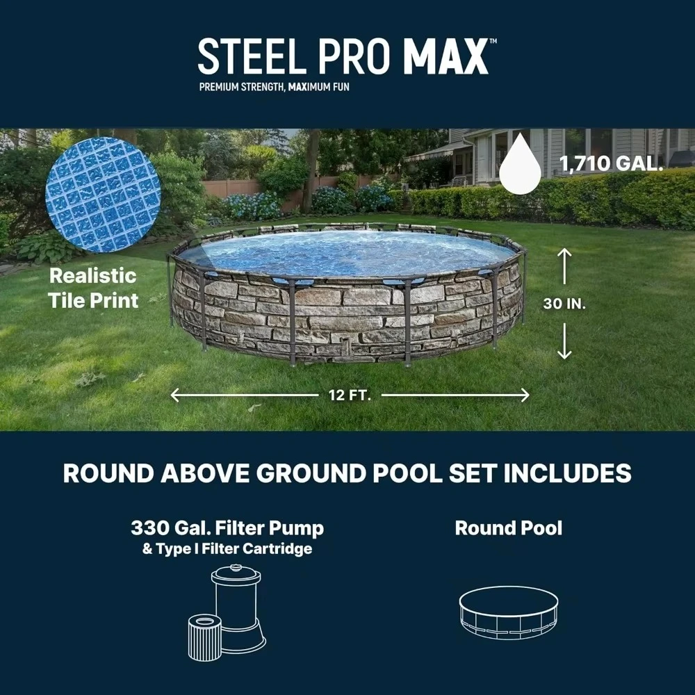 Above Ground Pool, Round Metal Frame Outdoor Swimming Pool Set with Filter Pump & Type I, Custom