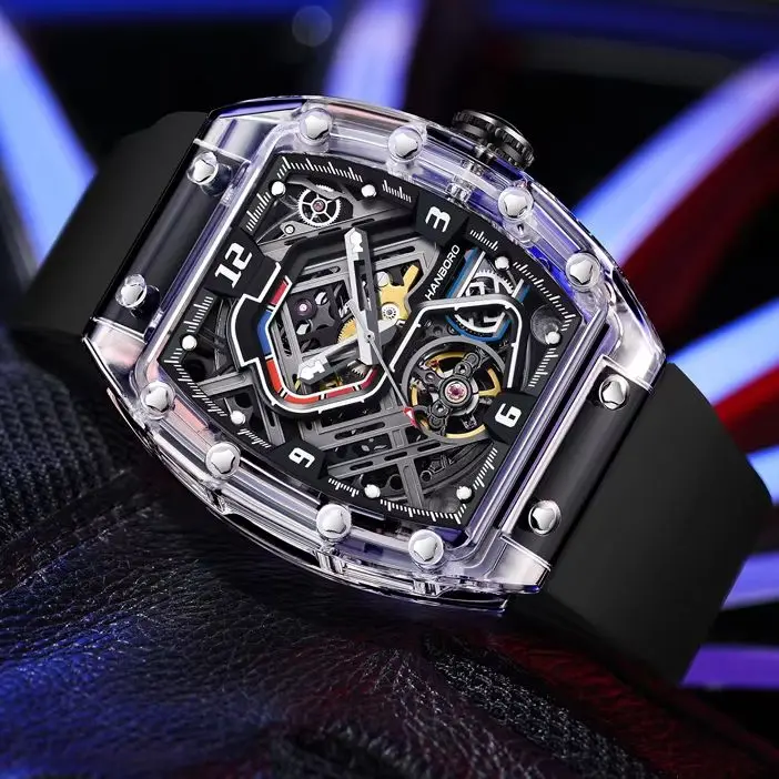HANBORO Men Automatic Watch 42.5mm Tonneau Mechanical Wristwatch Acrylic Case Waterproof Luminous Racing Track Dial Miyota Mov