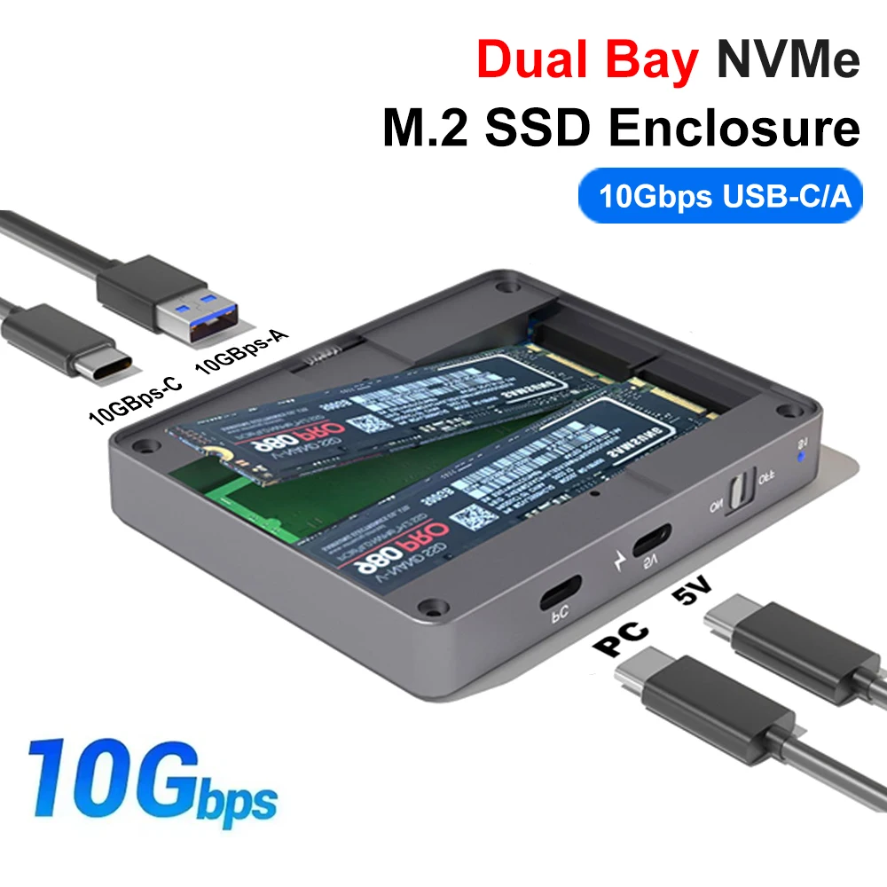

Двойная док-станция M2 NVME SSD Enclouse 10 Гбит/с PCIe NVME USB3.2 GEN2 Твердотельный адаптер жесткого диска M.2 для ПК