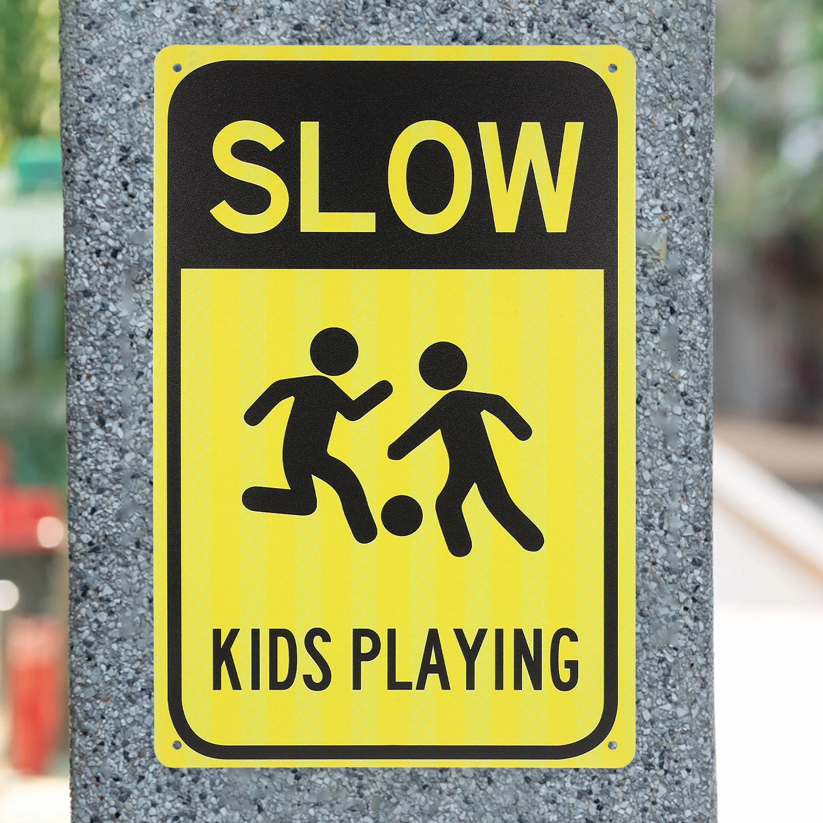 

Fluorescent Yellow Metal Street Road Sign Playing Caution Metal Iron Sturdy Weatherproof Warning Traffic Sign Convenient Street