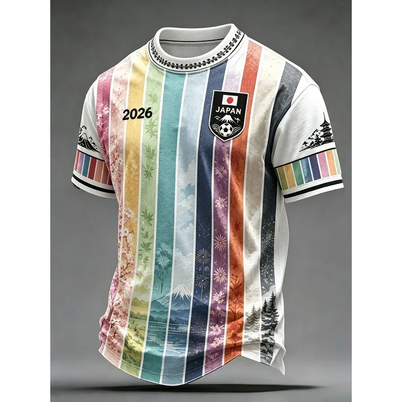 Unisex New 3D All‑Over Print Japan Scenery Inspired Football Jersey Colorful Vertical Stripes Casual Fan Sports Short Sleeve Tee