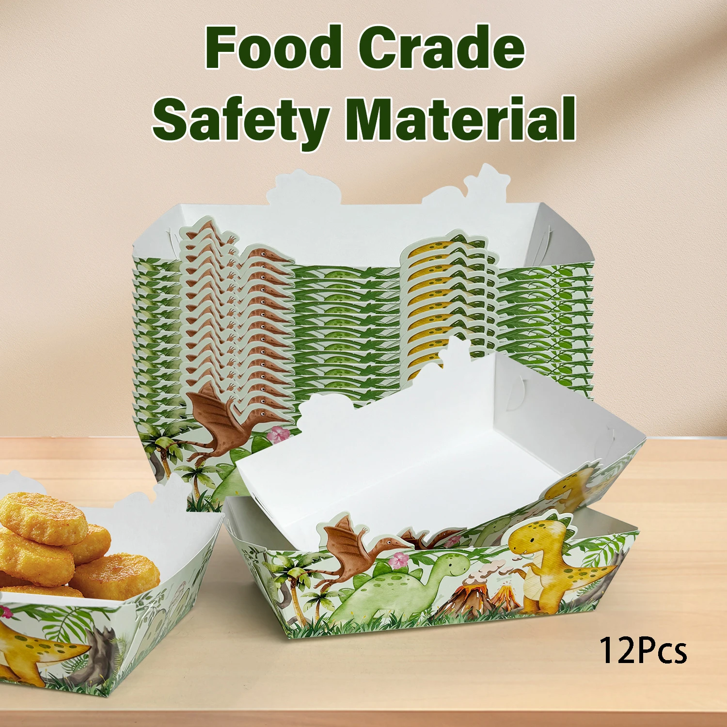 12Pcs Cartoon Jungle Dinosaur Theme Baking Popcorn Box Disposable Food Paper Tray for Kids Boy Birthday Baby Shower Party Decor