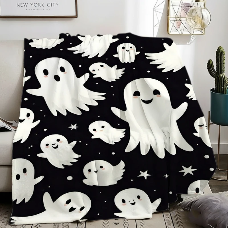 Black Halloween Car Blanket Cute Spooky White Ghost Throw for Sofa Bed Couch Travel Cozy Nap Blankets Home Living Room Gift