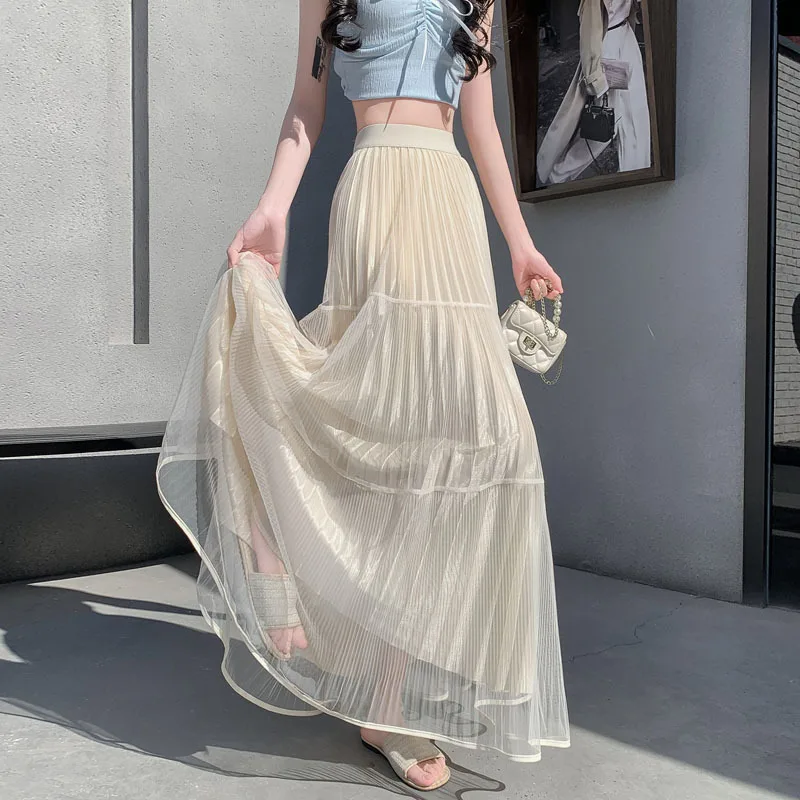 

Summer Tulle Skirts Women High Waist Mesh Pleated Midi Skirt Korean Elastic Loose Casual All Match A Line Long Skirt