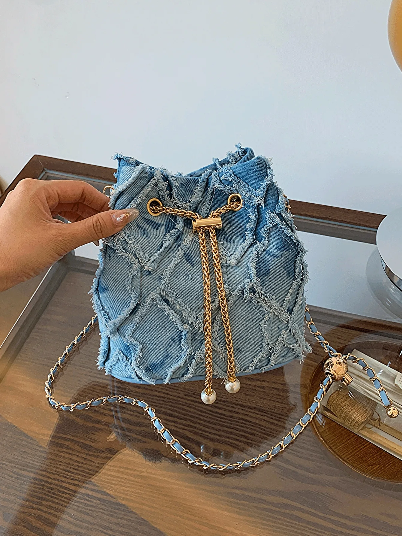 Vintage Denim Bucket Bag Retro Style Light Blue Ripped Edge Design Gold Chain Pearl Embellishment Adjustable Fringe Shoulder Bag