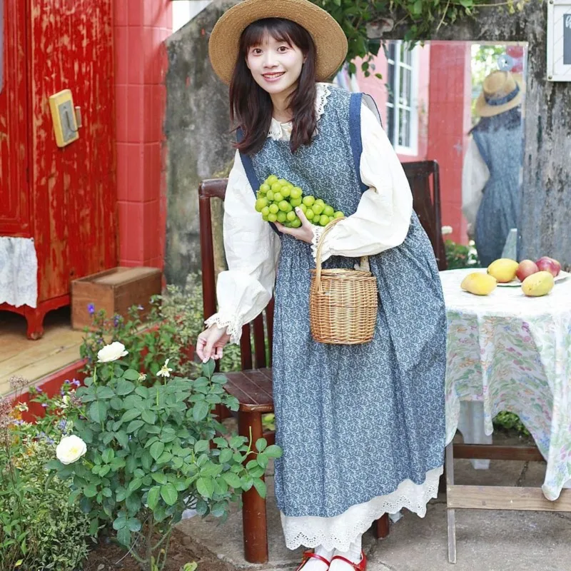 Johnature 2025 vestido de primavera novo doce vestido floral feminino vintage japonês casual solto camadas bainha externa vestidos colete de renda