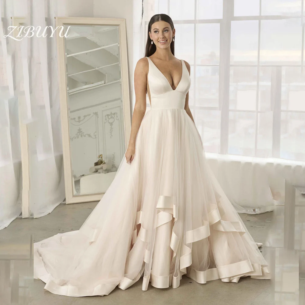 

ZIBUYU Customized Elegant Romantic Wedding Dress 2026 Sleeveless V Neckline Tulle A-Line Floor Length Open Back Bridal Gowns