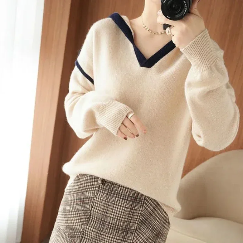 Pullovers Vintage Elegant Cotton Screw Thread To Spring Autumn New Hooded Long Sleeve Sweater Women High Street Contrast Color