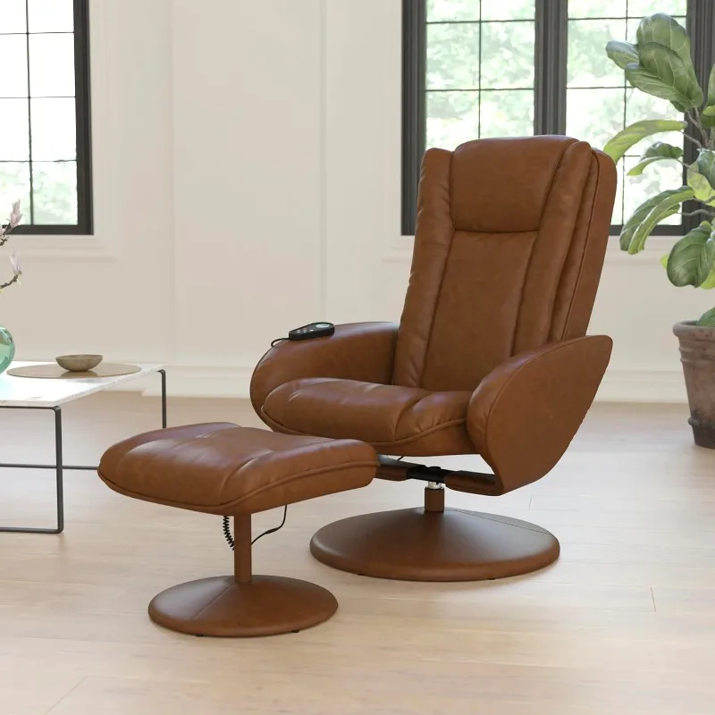 Massaging Multi-Position Plush Recliner with Side Pocket and Ottoman in Brown LeatherSoft