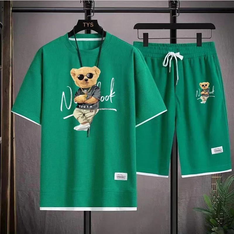 Men's crew-neck T-shirt, two-piece style, jogging shorts design, breathable, flexible, quick drying, suitable for fitness, short