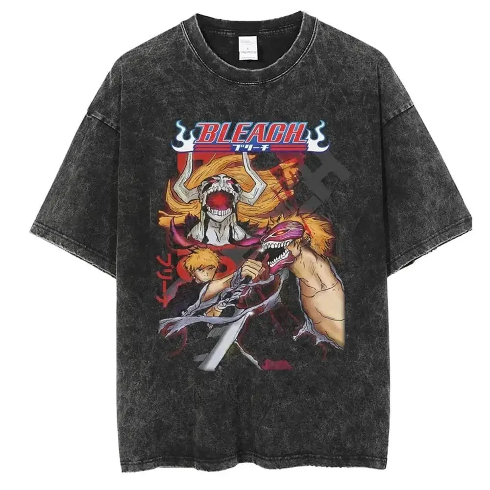 2026 BLEACH Ichigo Kurosaki Hollow Mask Print T-shirt Black Washed Oversized Cotton Casual Streetwear Tee For Fans