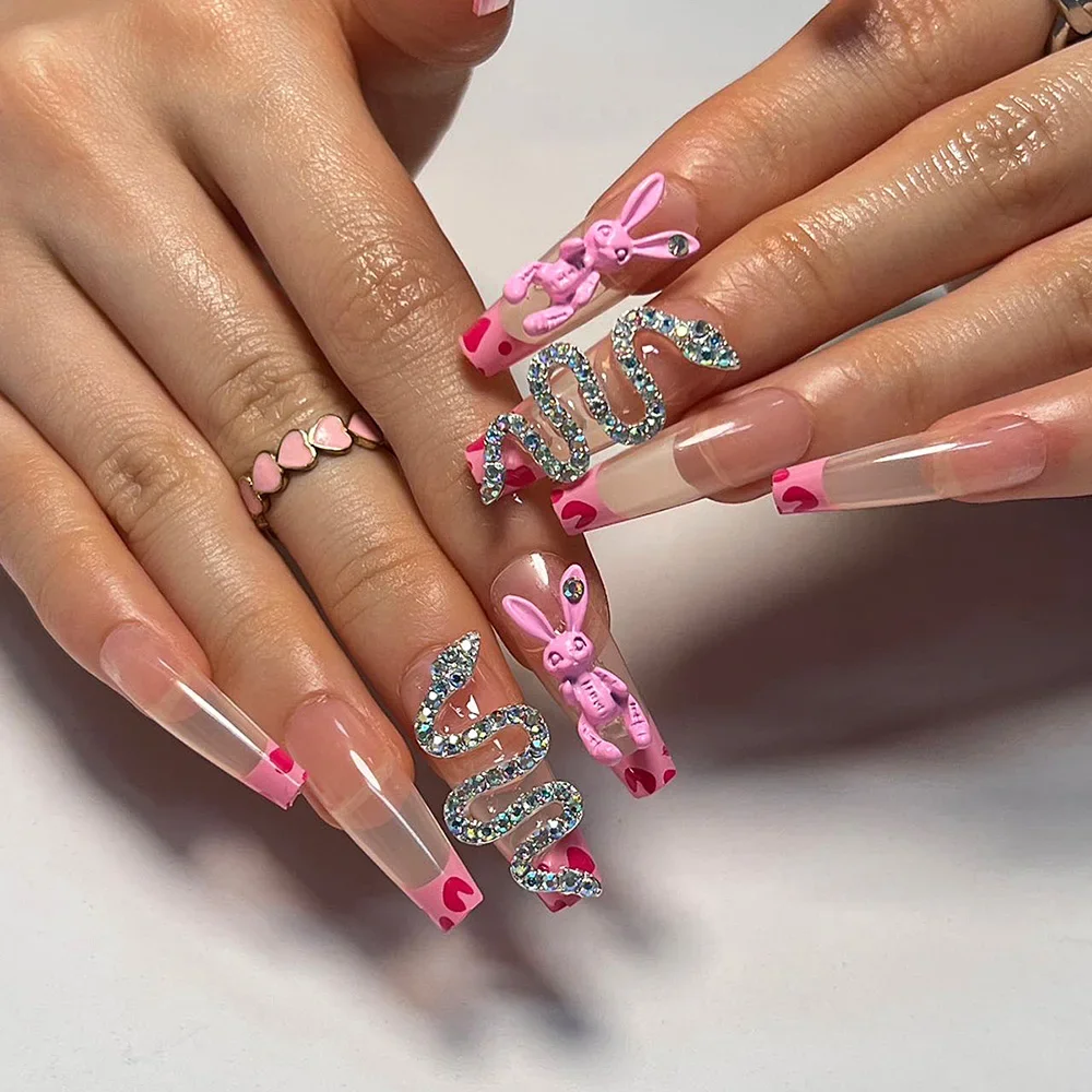 Full Cover False Nails with Glue Long Trapezoidal Coffin Fake Nails French Detachable Rhinestone Snake Design Press on Nails