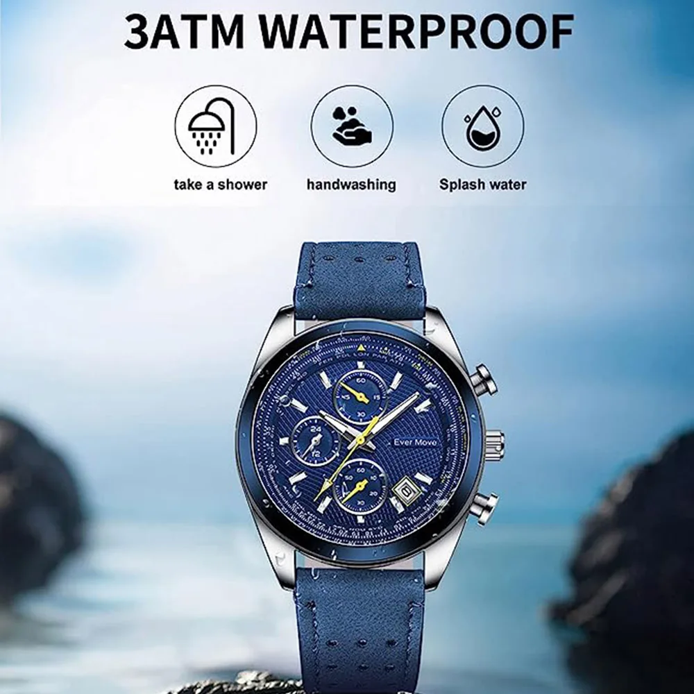 Ever Move Watches for Men Brand Quartz Leather Fashion Men\'s Watch Waterproof Luminous Date Gifts Sports Chronograph Wristwatch