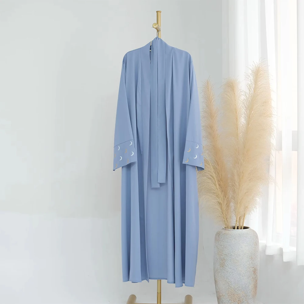 

2025 Eid New Abaya Nida Moon Embroidery Open Abaya Modest Dubai Abaya Women Muslim Dress Fashion Islamic Clothing