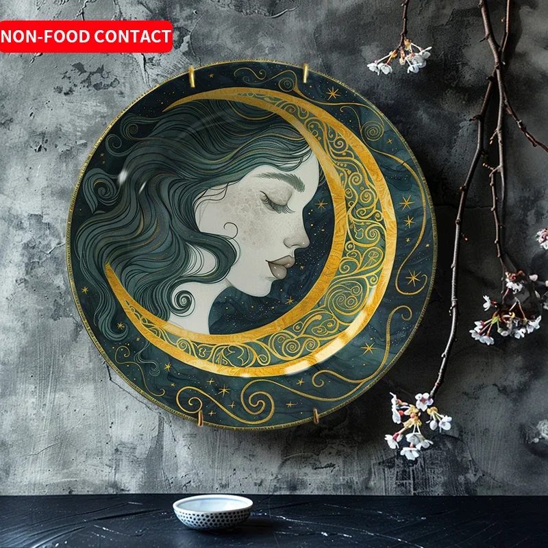 1pc Elegant Ceramic Crescent Moon & Woman Face Art Plate - Celestial Female Profile Wall/Table Decor, Round Non-Food Contact